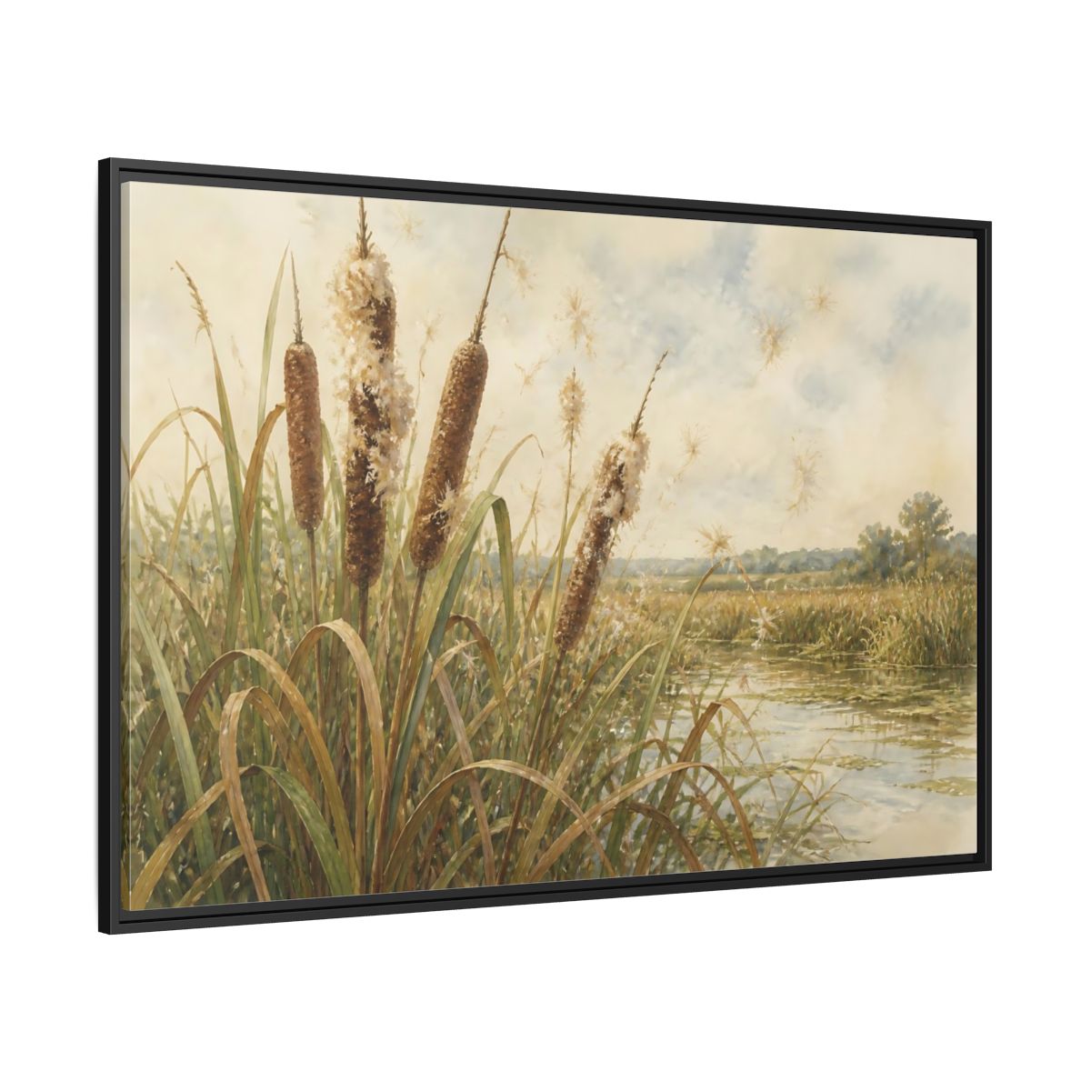 Side Mockup 12. Late-Summer Cattails shown as framed canvas print