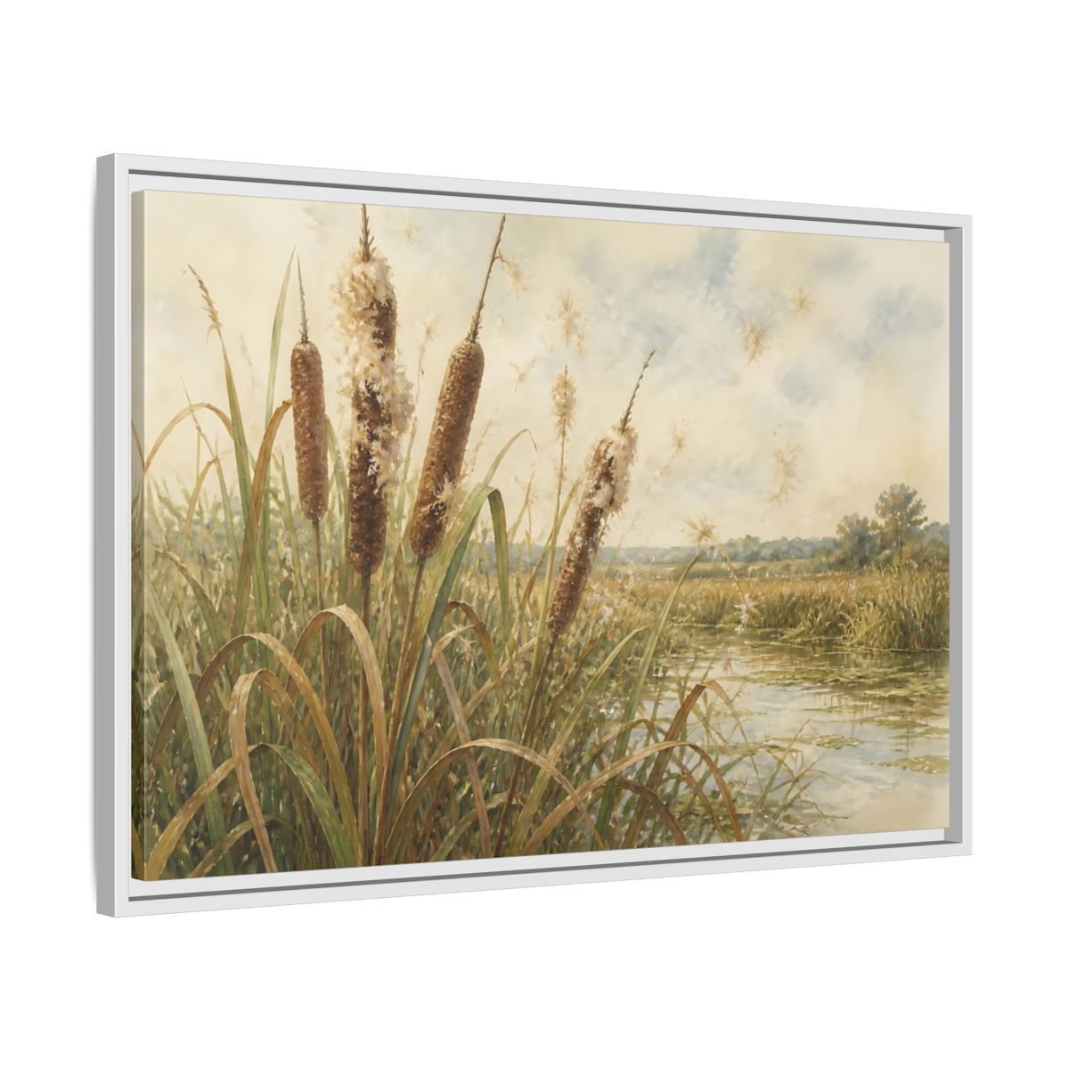 Side Mockup 10. Late-Summer Cattails shown as framed canvas print