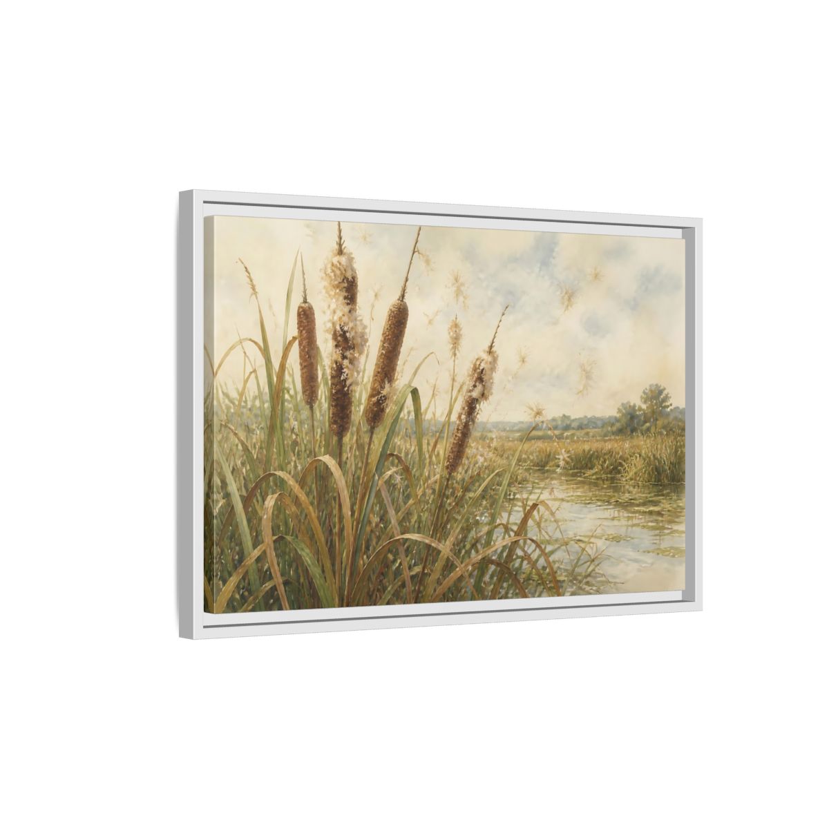 Side Mockup 1. Late-Summer Cattails shown as framed canvas print