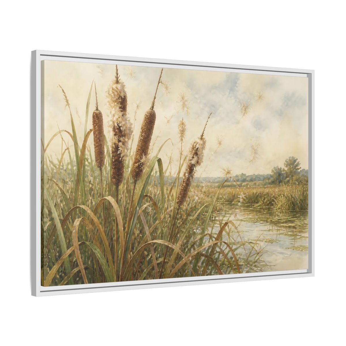 Side Mockup 9. Late-Summer Cattails shown as framed canvas print