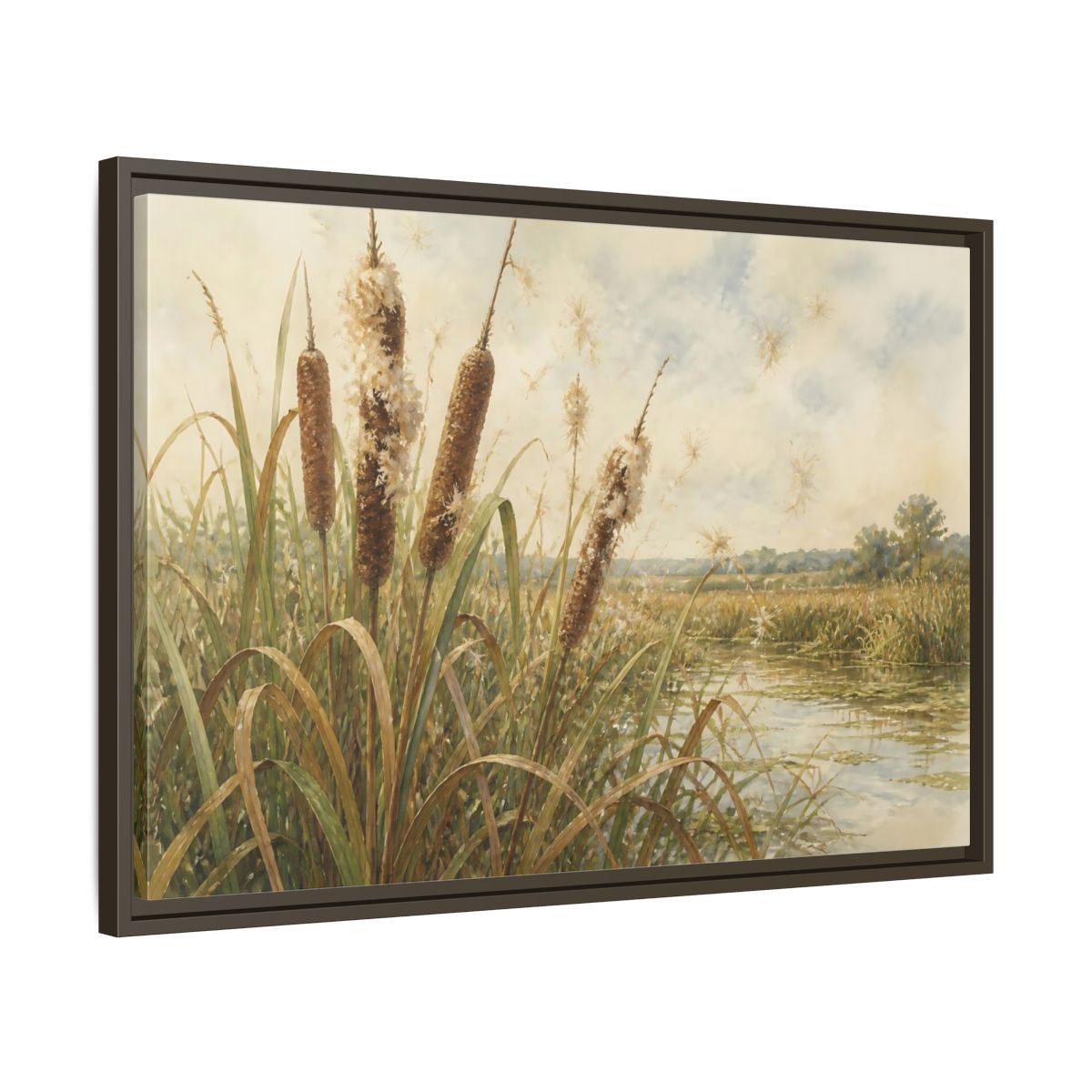 Side Mockup 11. Late-Summer Cattails shown as framed canvas print