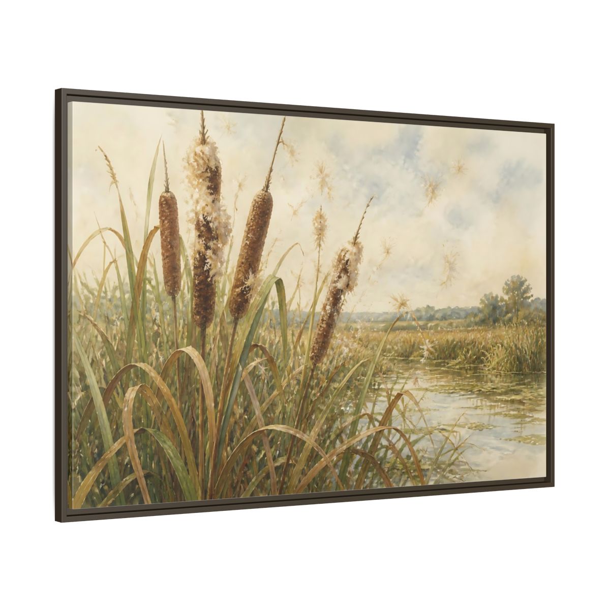 Side Mockup 8. Late-Summer Cattails shown as framed canvas print