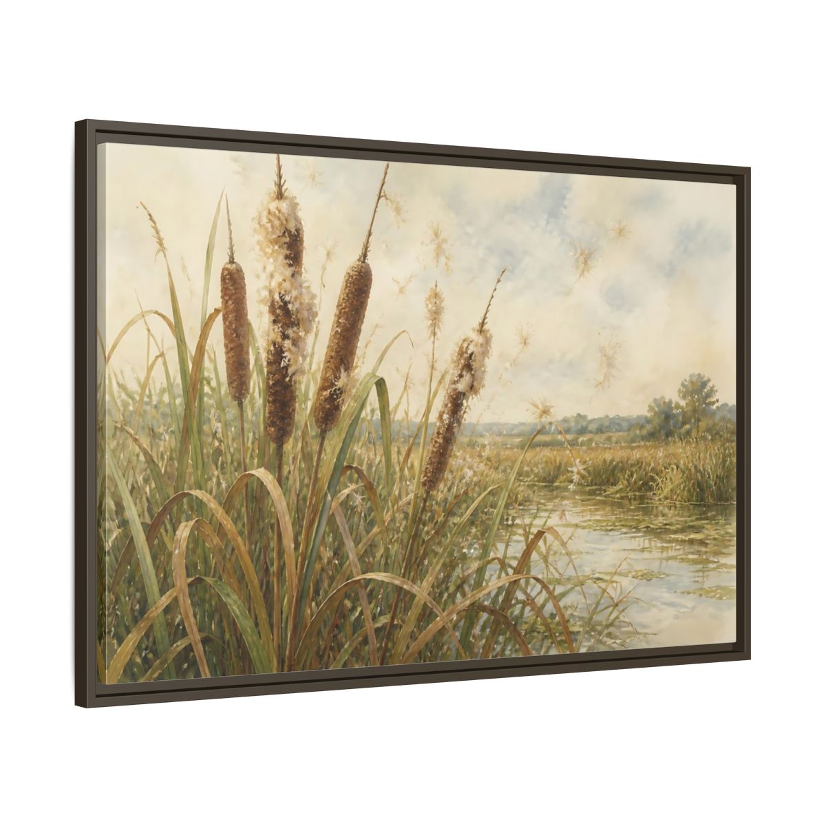 Main Mockup. Late-Summer Cattails shown as framed canvas print