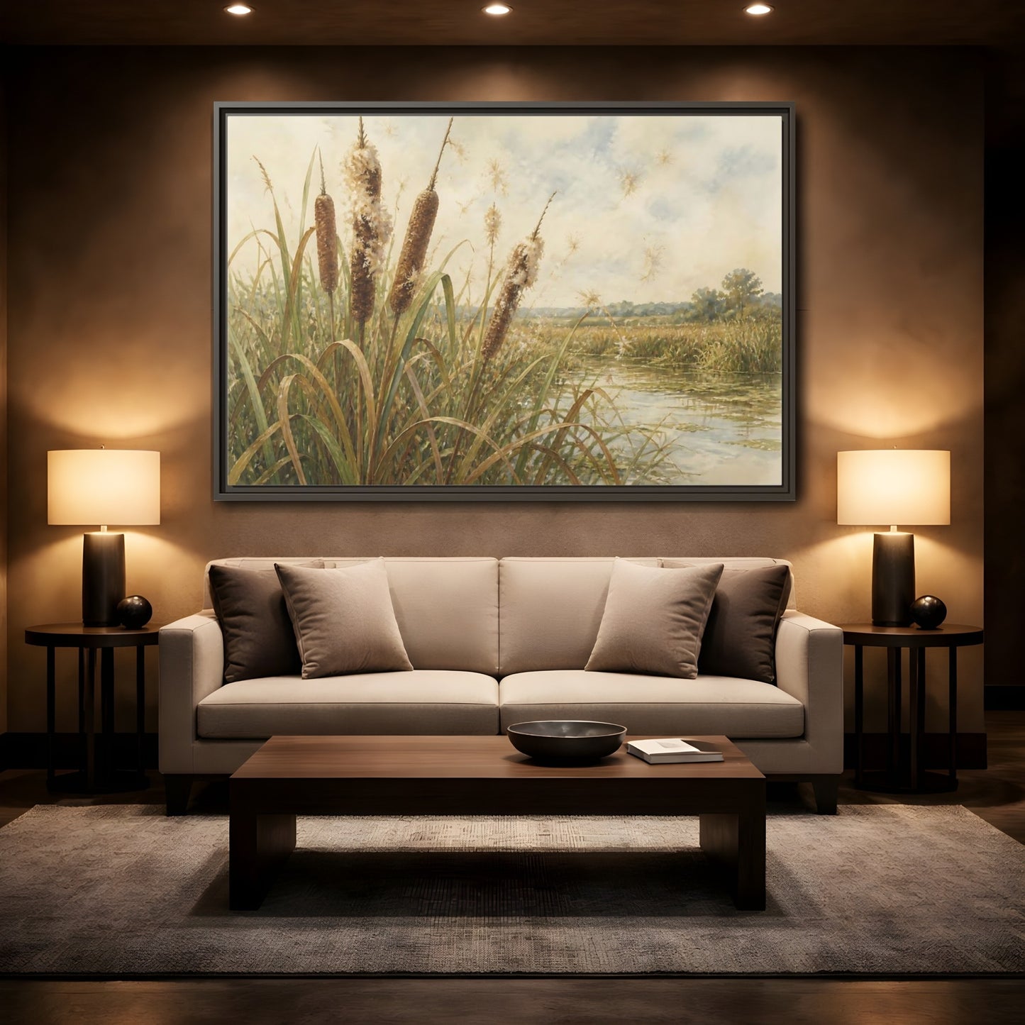 Mockup 2. Late-Summer Cattails shown as framed canvas print