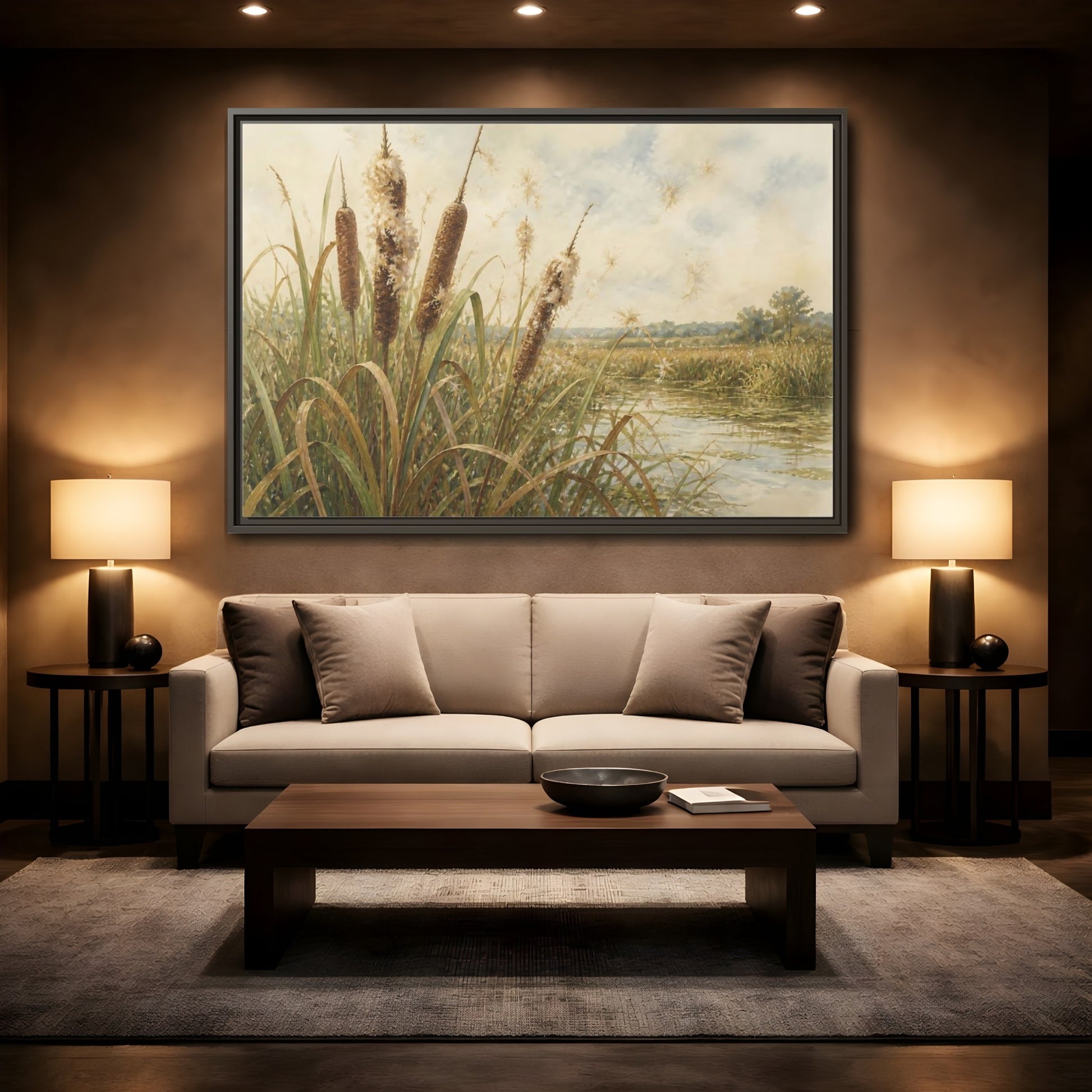 Mockup 2. Late-Summer Cattails shown as framed canvas print