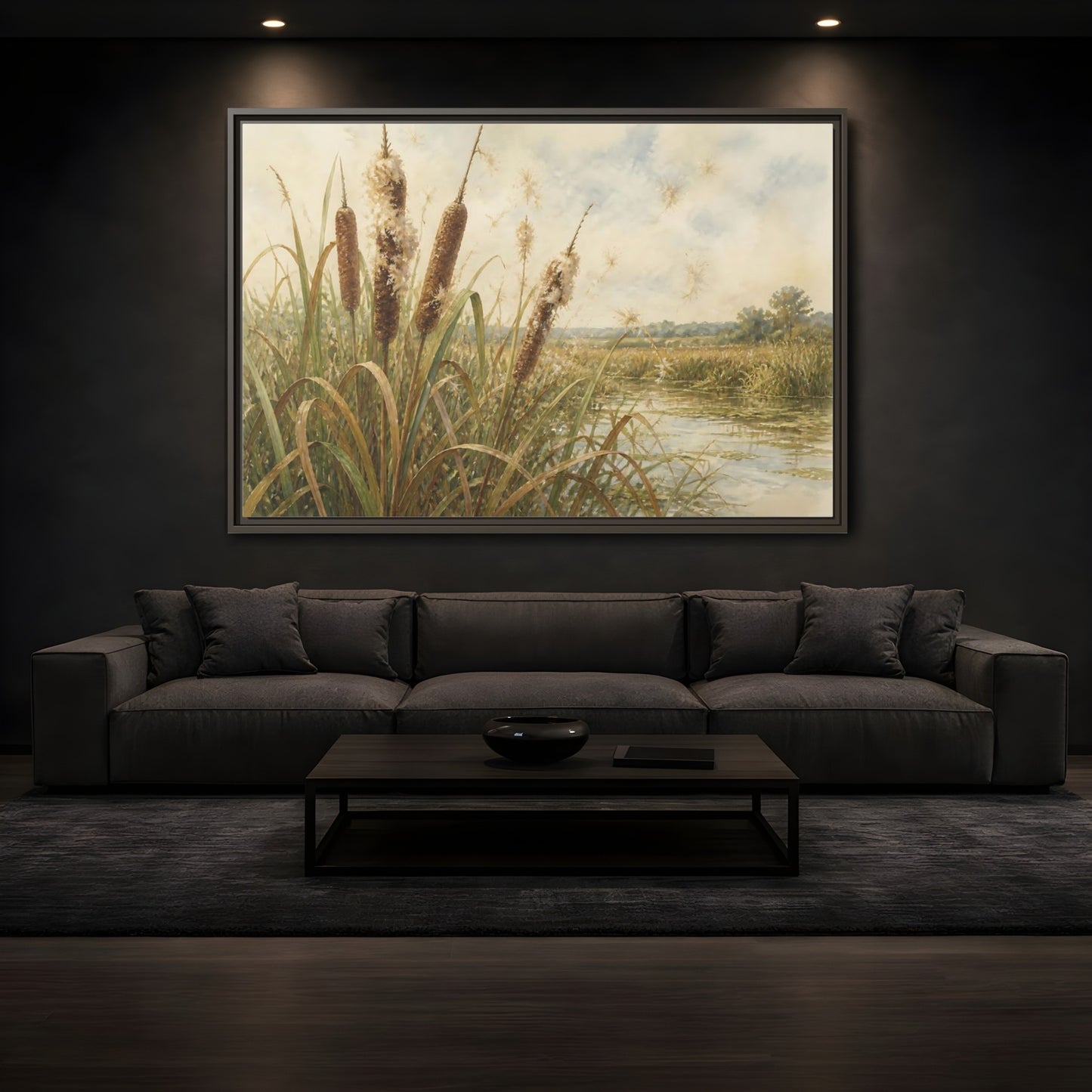 Mockup 3. Late-Summer Cattails shown as framed canvas print