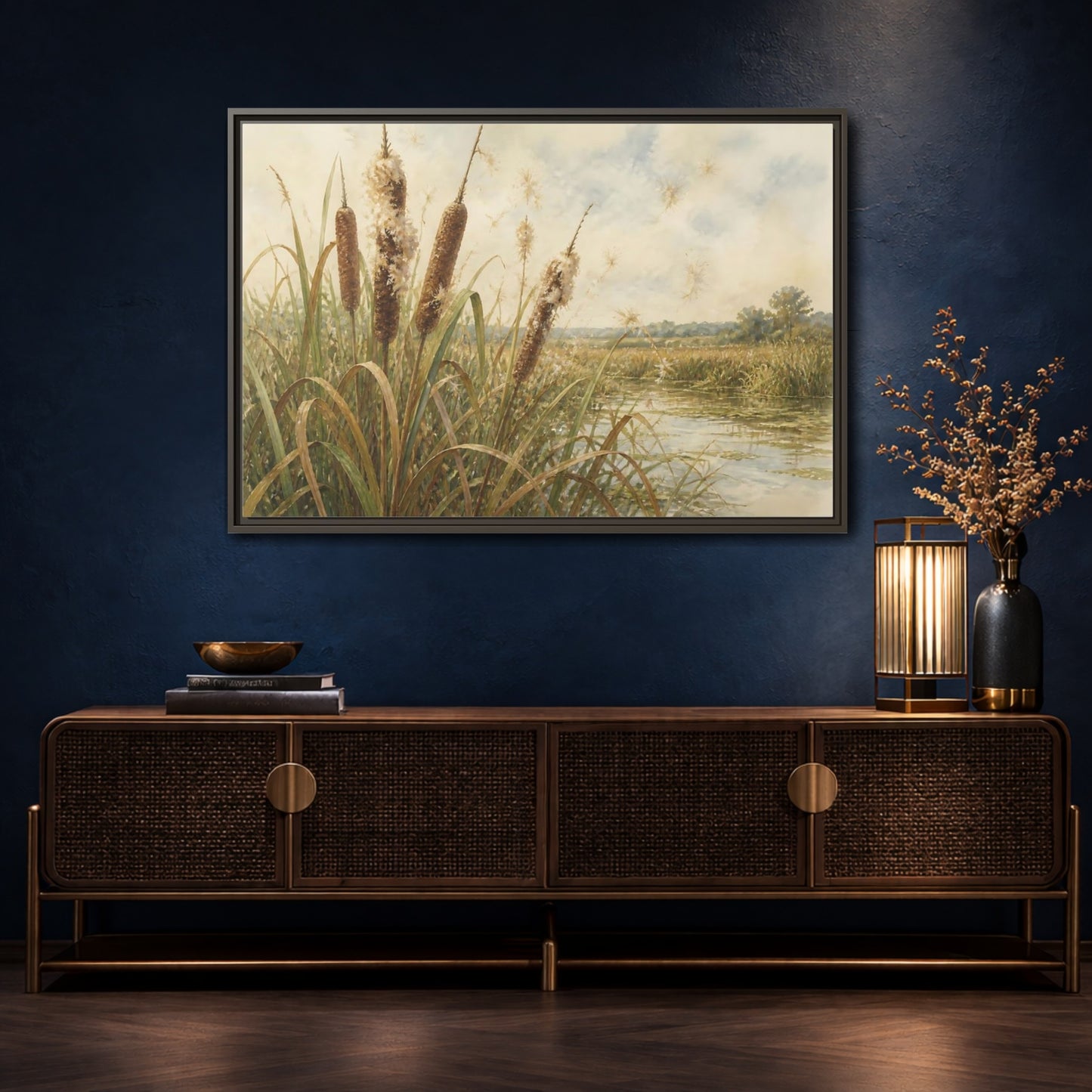 Mockup 4. Late-Summer Cattails shown as framed canvas print