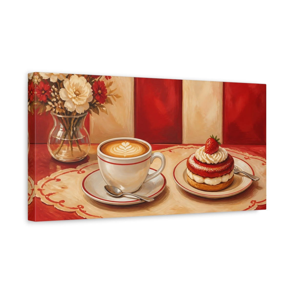 Side Mockup 3. Latte And Strawberry Pastry shown as canvas print