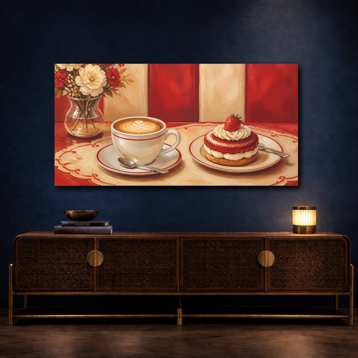 Mockup 4. Latte And Strawberry Pastry shown as canvas print