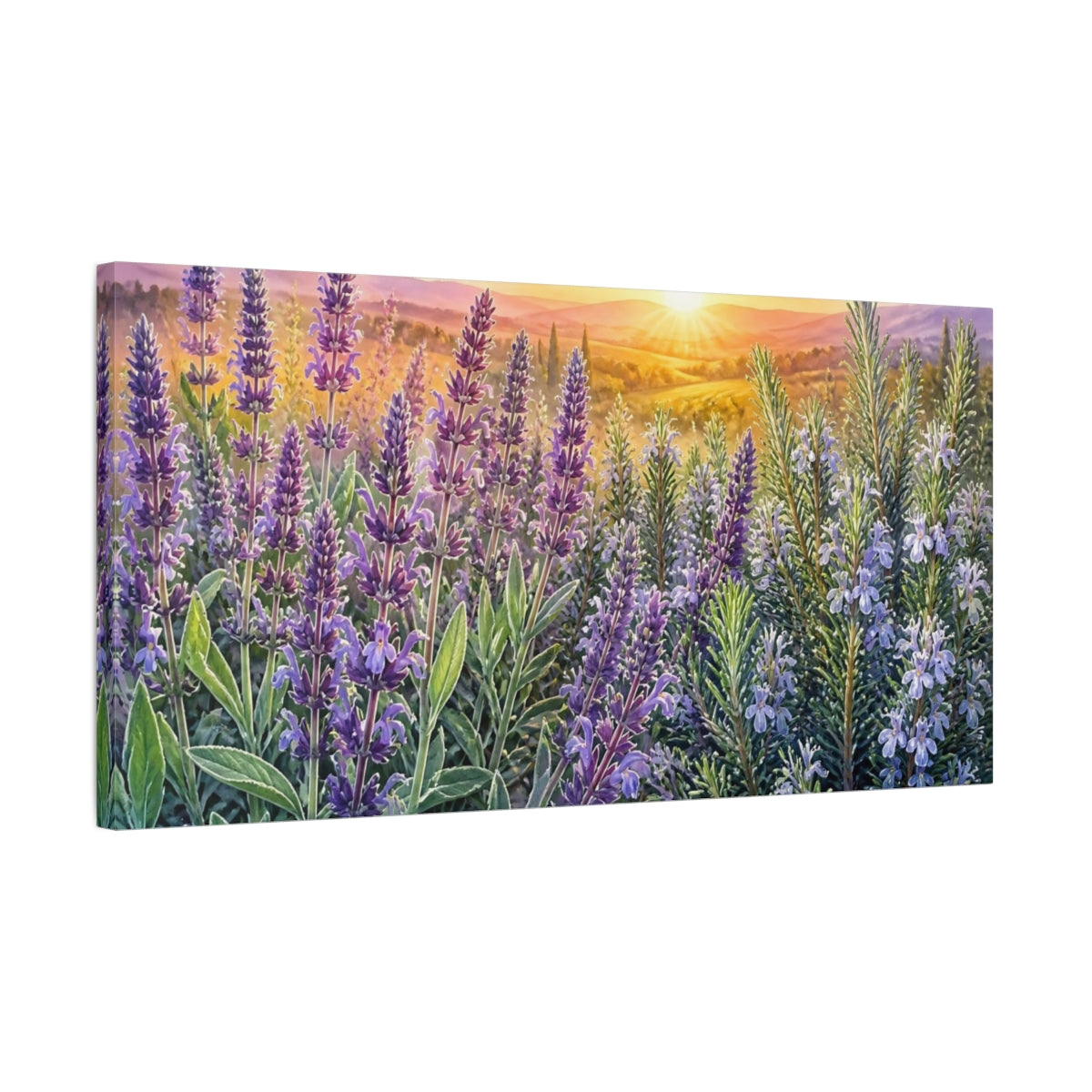 Side Mockup 1. Lavender And Rosemary Sunrise shown as canvas print
