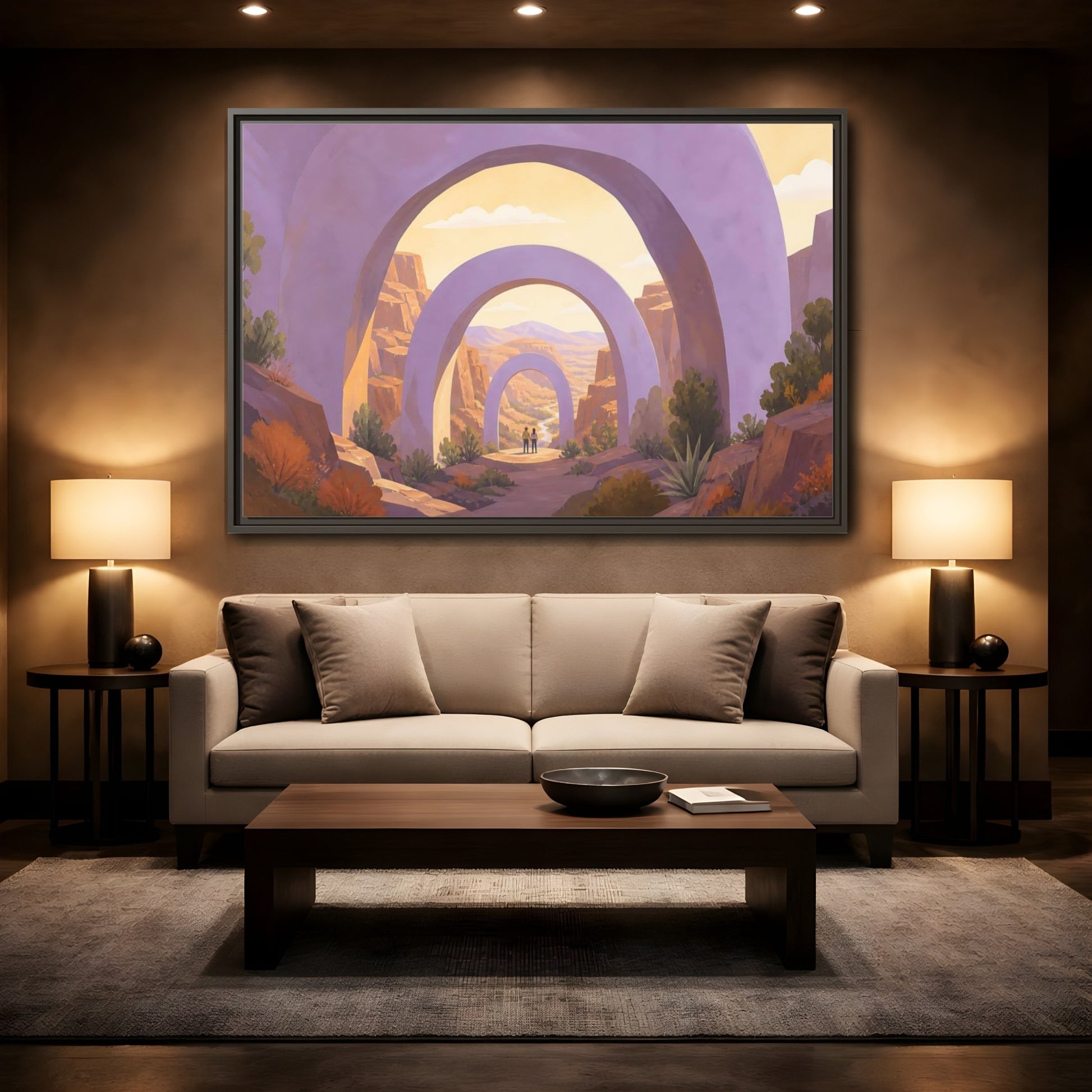 Mockup 2. Lavender Arches Over Canyon shown as framed canvas print