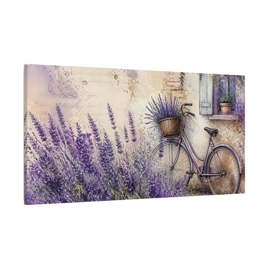 Main Mockup. Lavender Bicycle By Window shown as canvas print