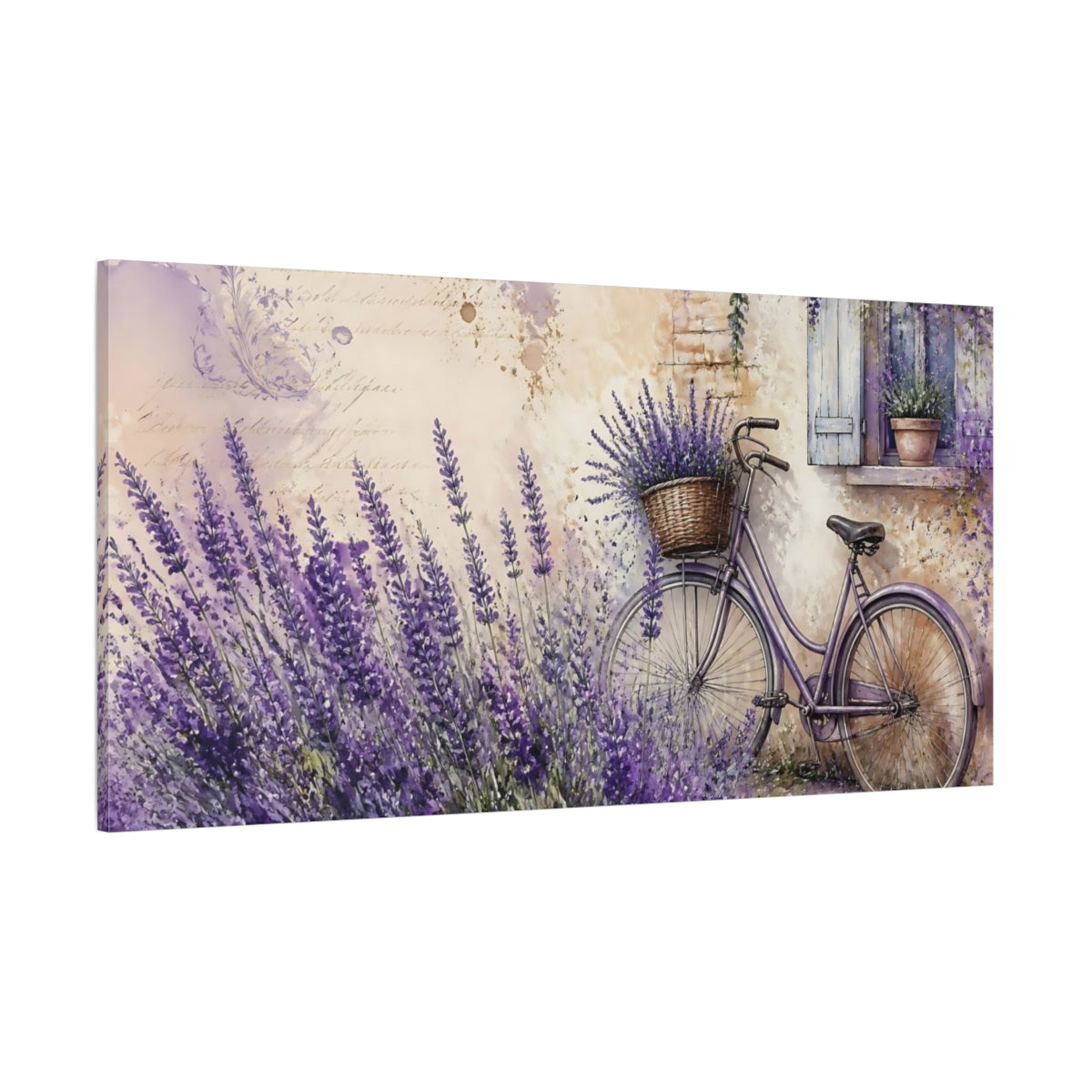 Side Mockup 2. Lavender Bicycle By Window shown as canvas print