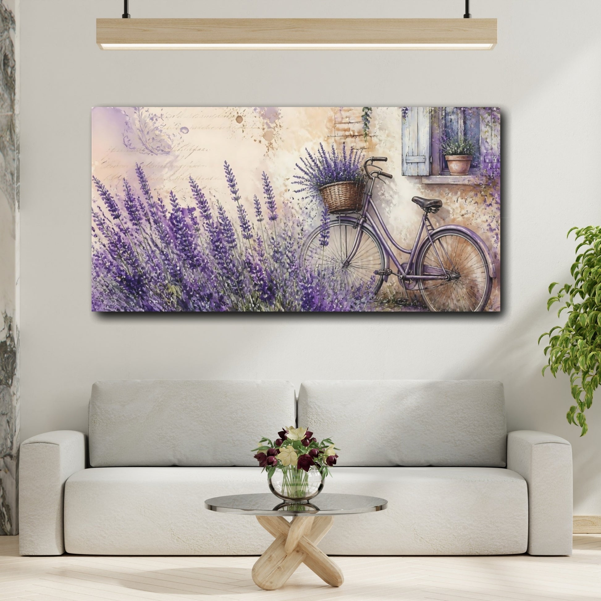 Mockup 2. Lavender Bicycle By Window shown as canvas print