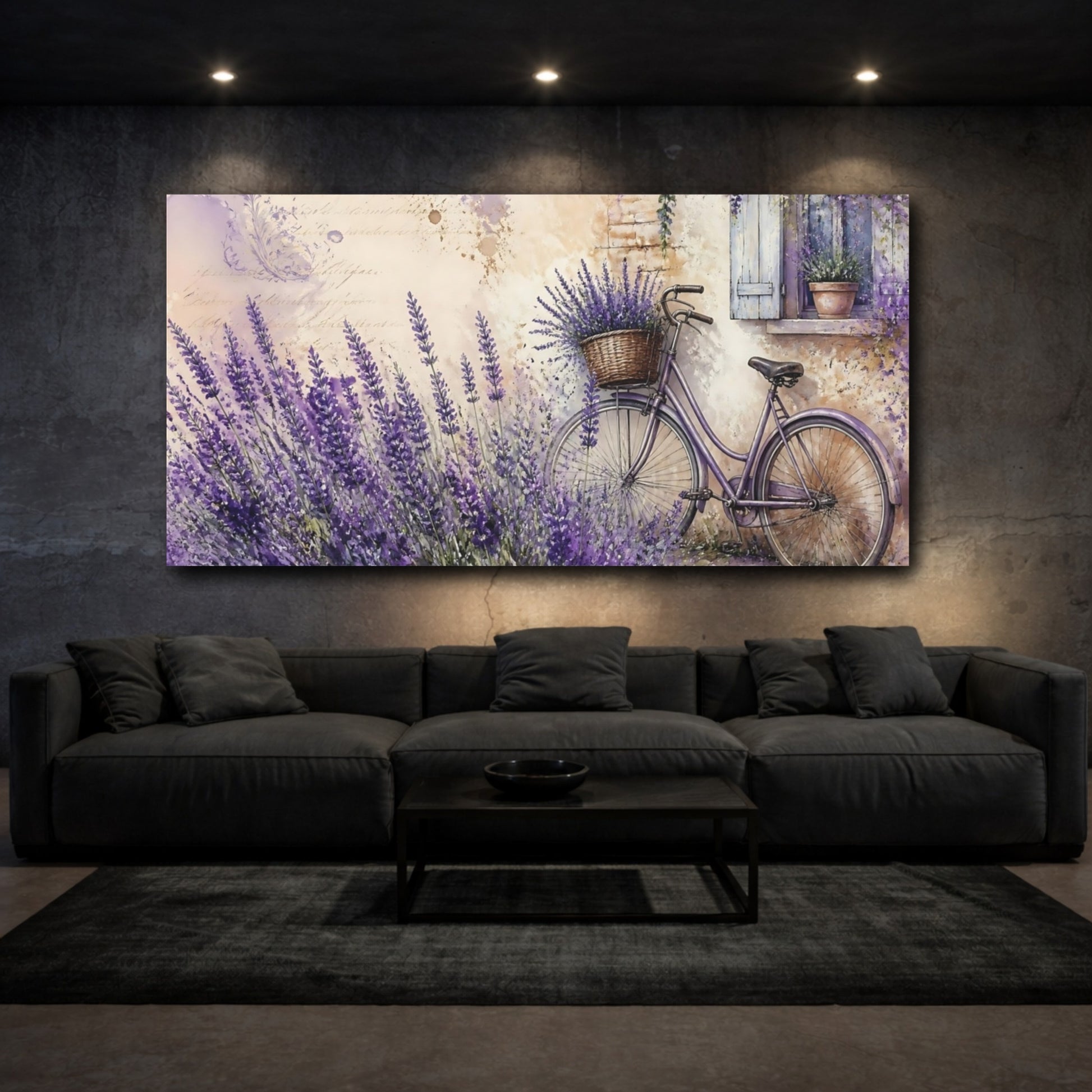Mockup 3. Lavender Bicycle By Window shown as canvas print