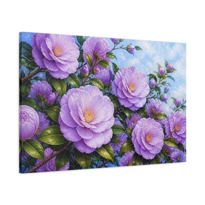 Main Mockup. Lavender Camellia Flowers shown as canvas print