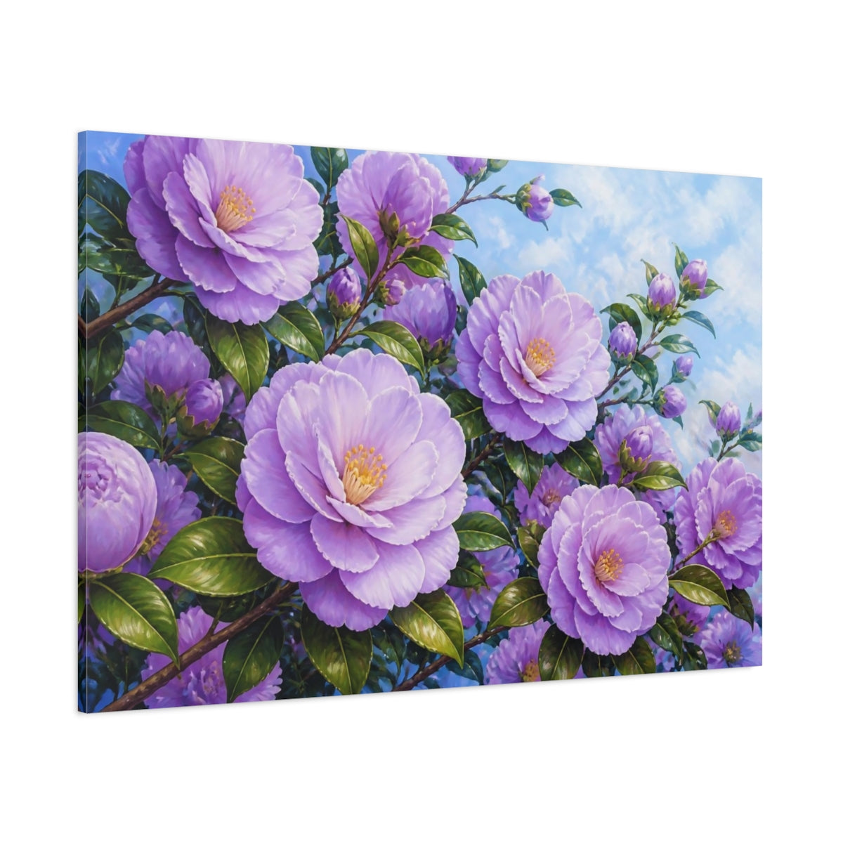 Side Mockup 1. Lavender Camellia Flowers shown as canvas print