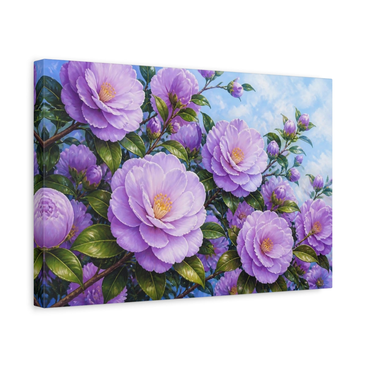 Side Mockup 4. Lavender Camellia Flowers shown as canvas print