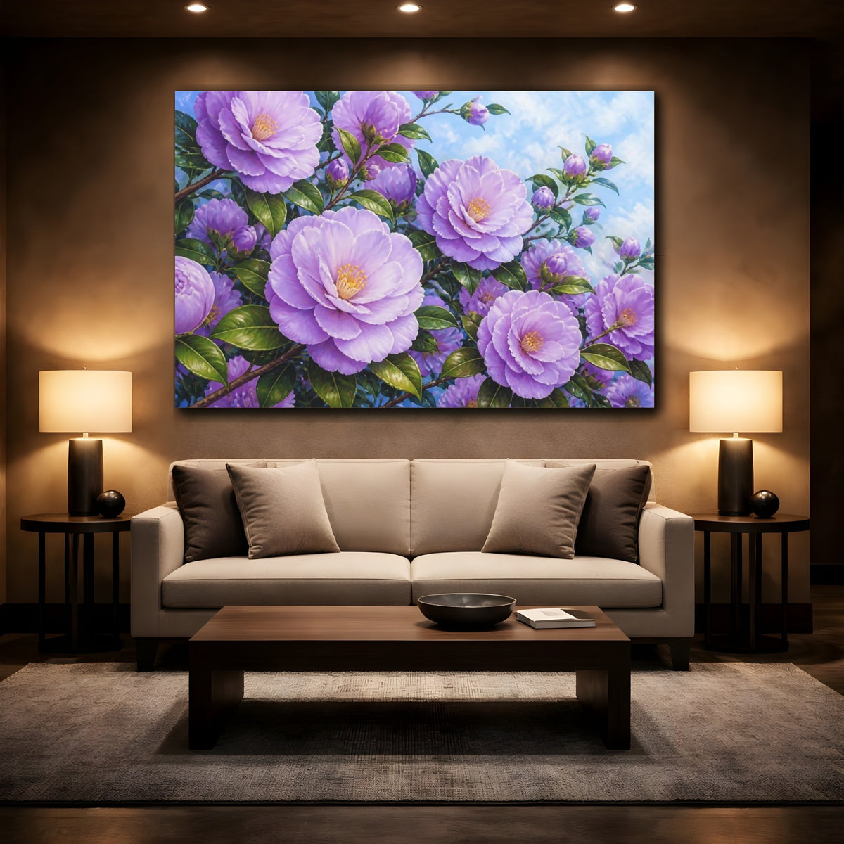 Mockup 2. Lavender Camellia Flowers shown as canvas print