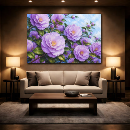 Mockup 2. Lavender Camellia Flowers shown as canvas print