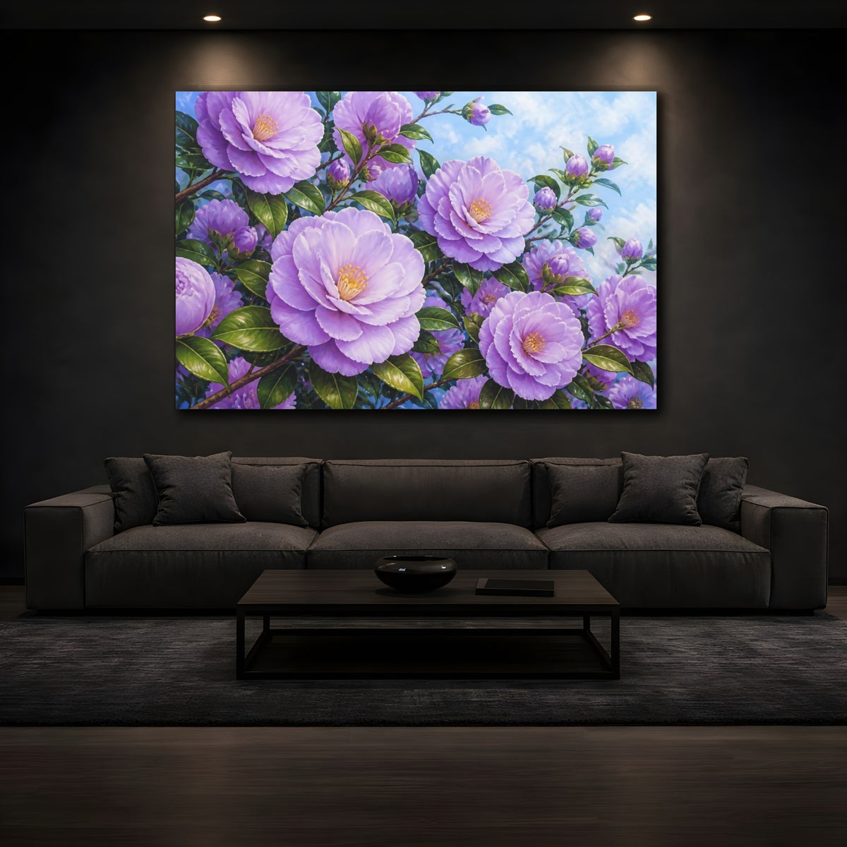 Mockup 3. Lavender Camellia Flowers shown as canvas print