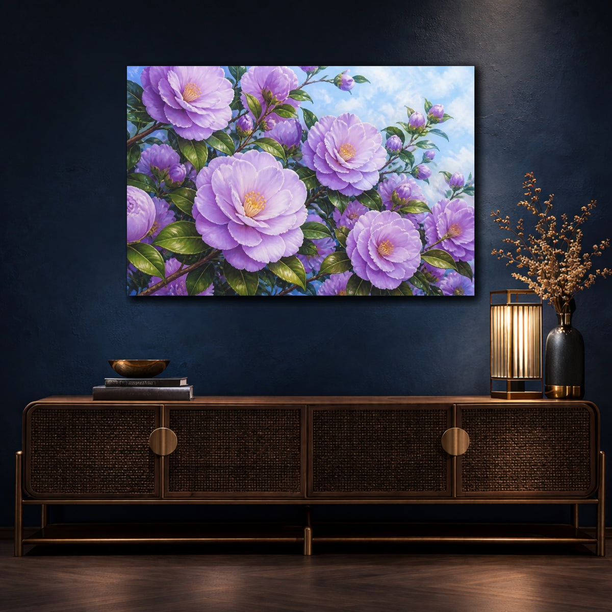 Mockup 4. Lavender Camellia Flowers shown as canvas print