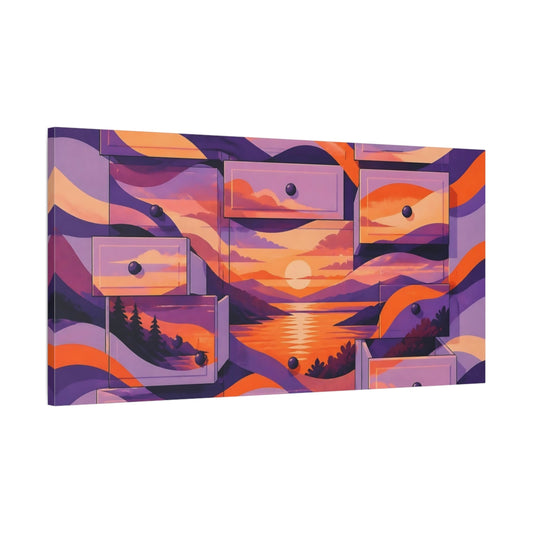 Main Mockup. Lavender Drawer Sunset shown as canvas print