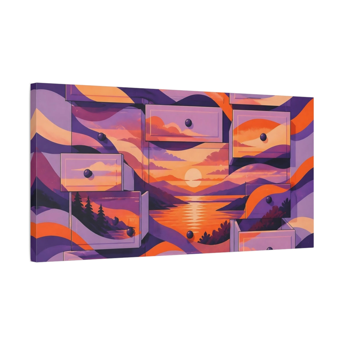Side Mockup 1. Lavender Drawer Sunset shown as canvas print