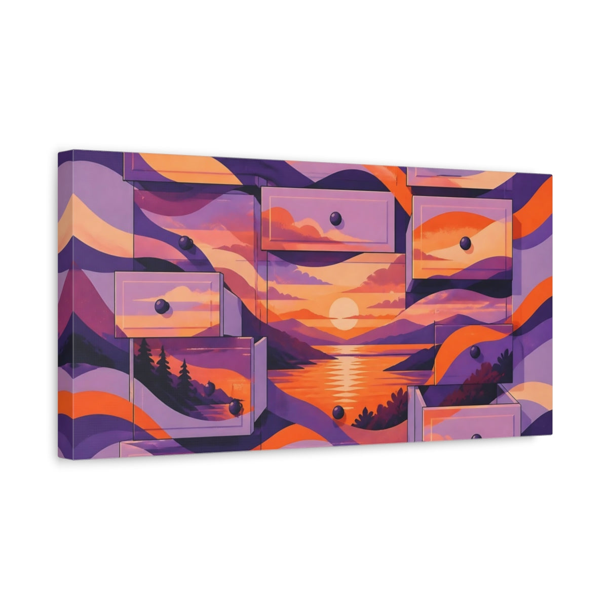 Side Mockup 3. Lavender Drawer Sunset shown as canvas print