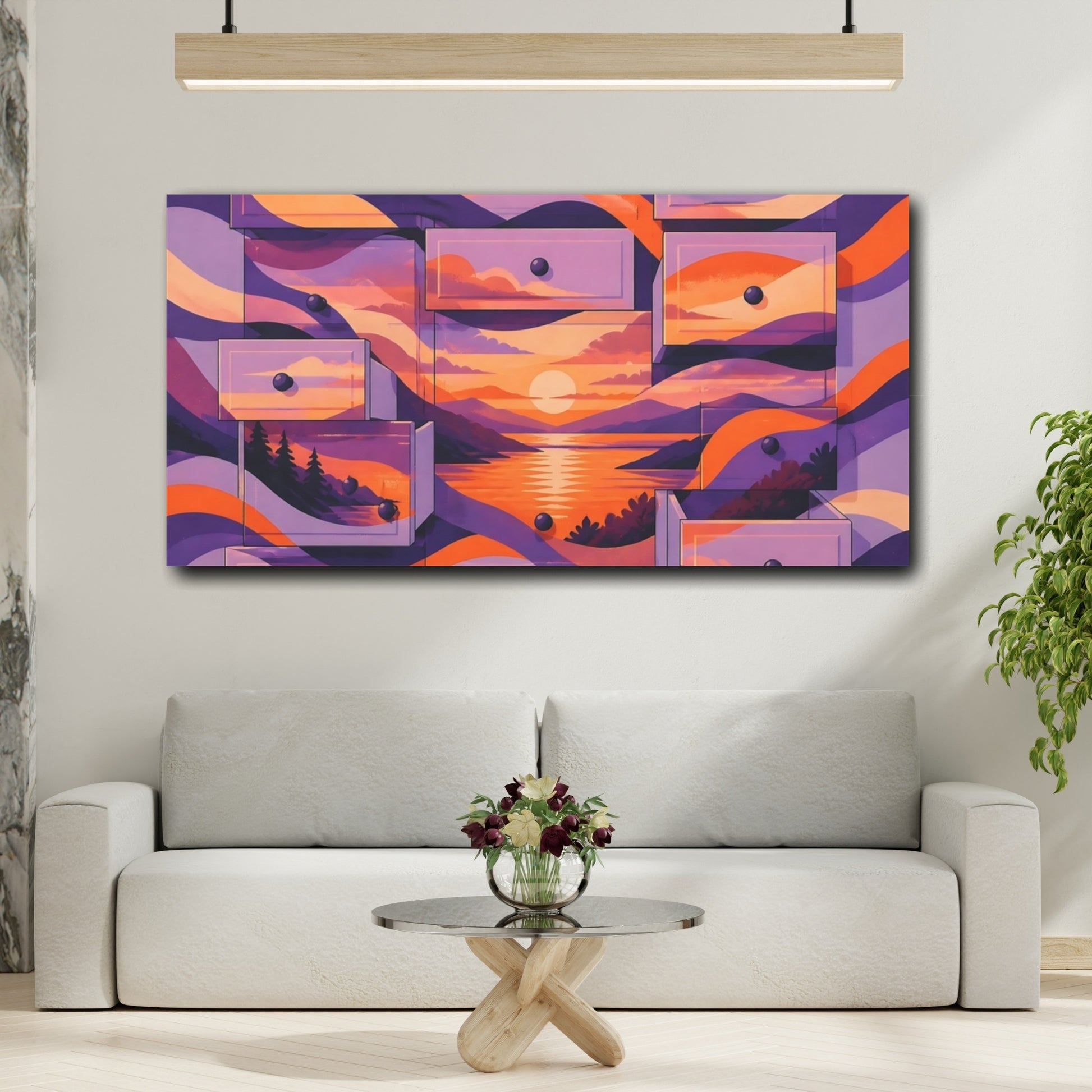 Mockup 2. Lavender Drawer Sunset shown as canvas print