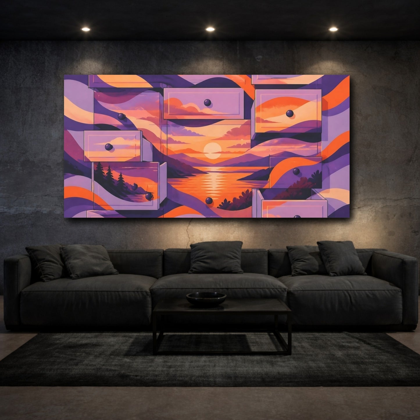 Mockup 3. Lavender Drawer Sunset shown as canvas print