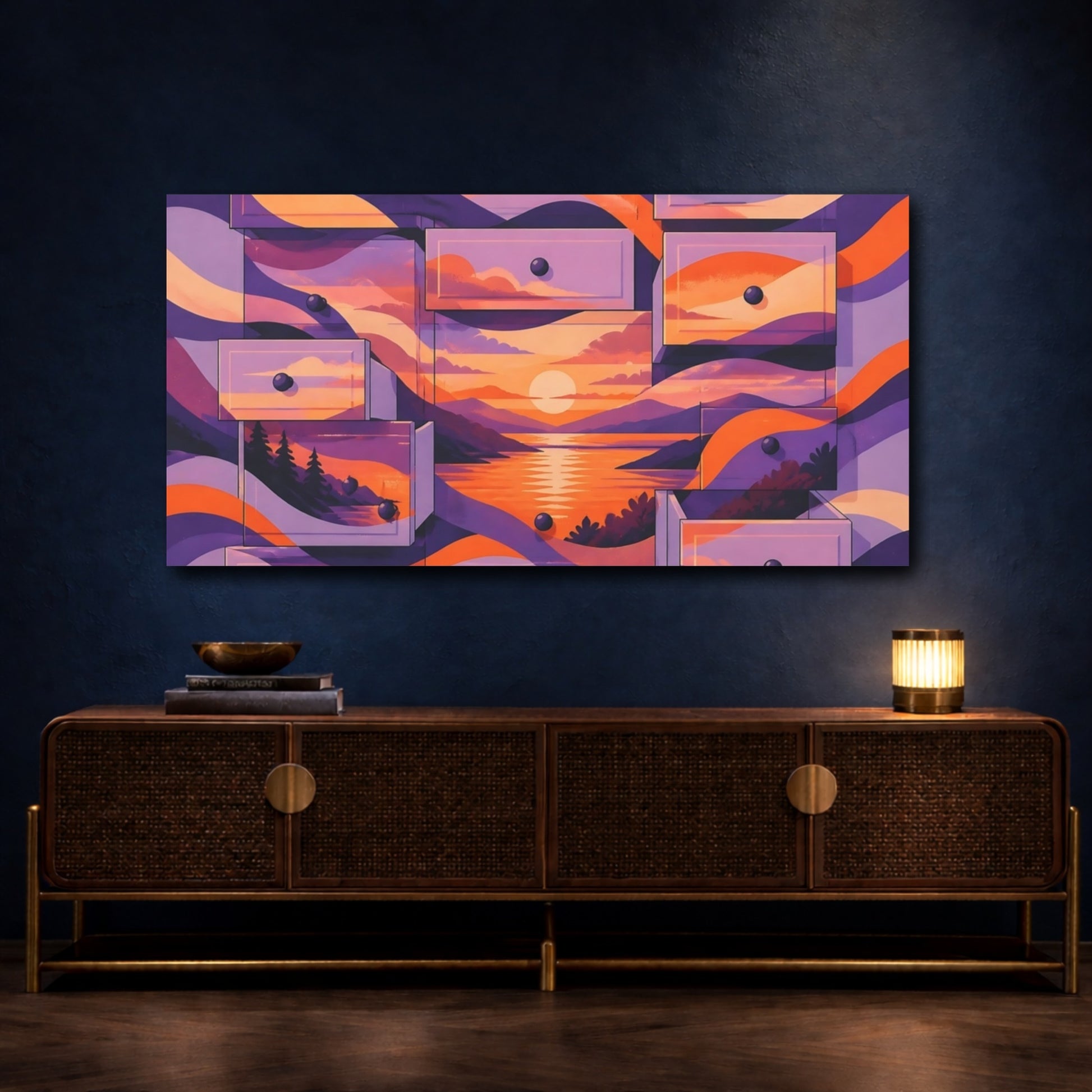 Mockup 4. Lavender Drawer Sunset shown as canvas print