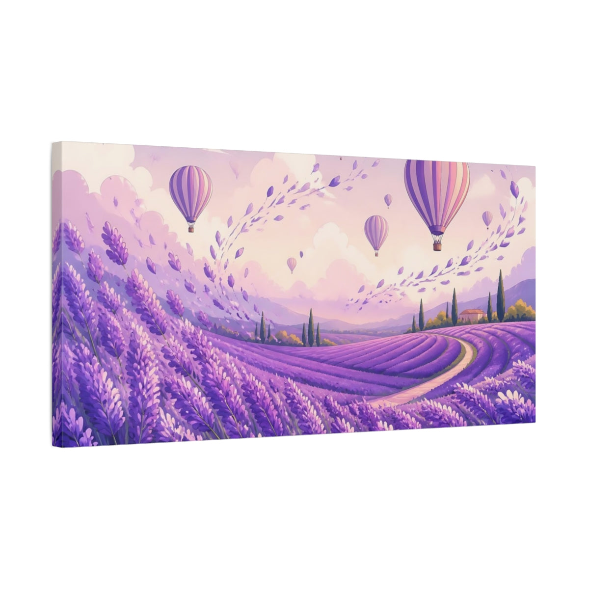 Side Mockup 1. Lavender Fields & Balloons shown as canvas print