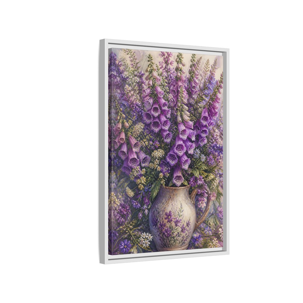 Side Mockup 1. Lavender Foxglove Bouquet shown as framed canvas print