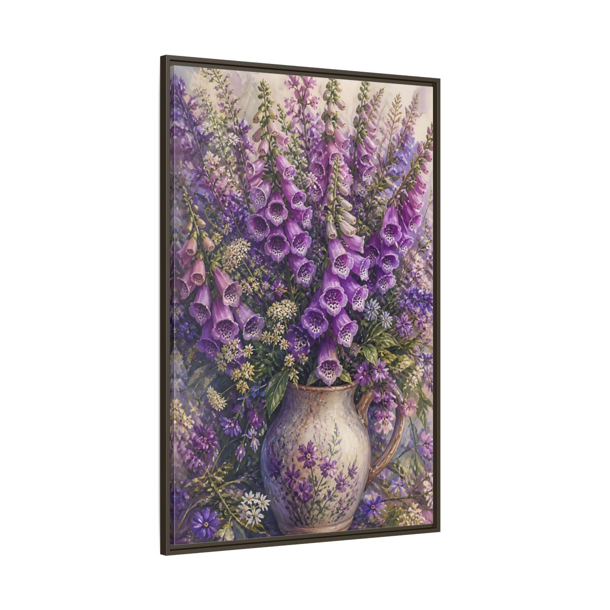 Side Mockup 8. Lavender Foxglove Bouquet shown as framed canvas print