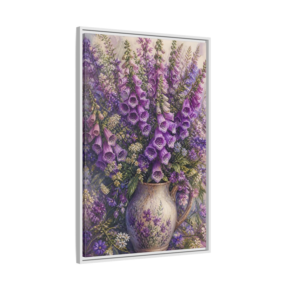 Side Mockup 9. Lavender Foxglove Bouquet shown as framed canvas print