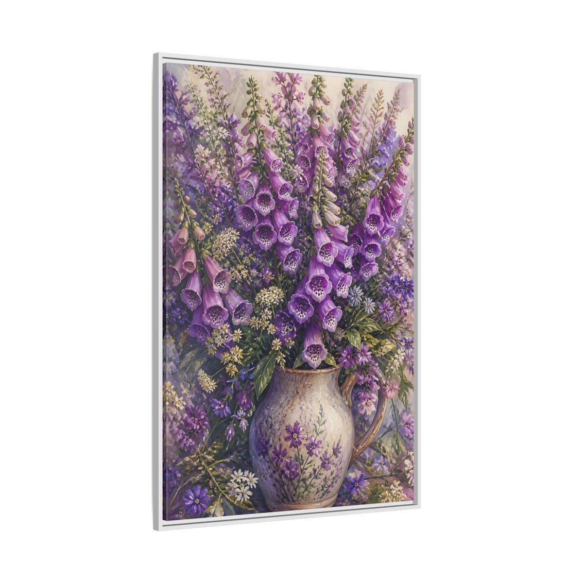 Side Mockup 7. Lavender Foxglove Bouquet shown as framed canvas print