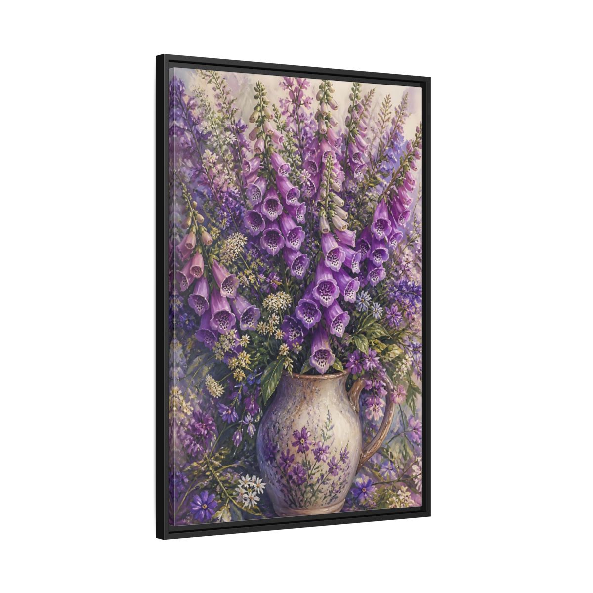 Side Mockup 13. Lavender Foxglove Bouquet shown as framed canvas print