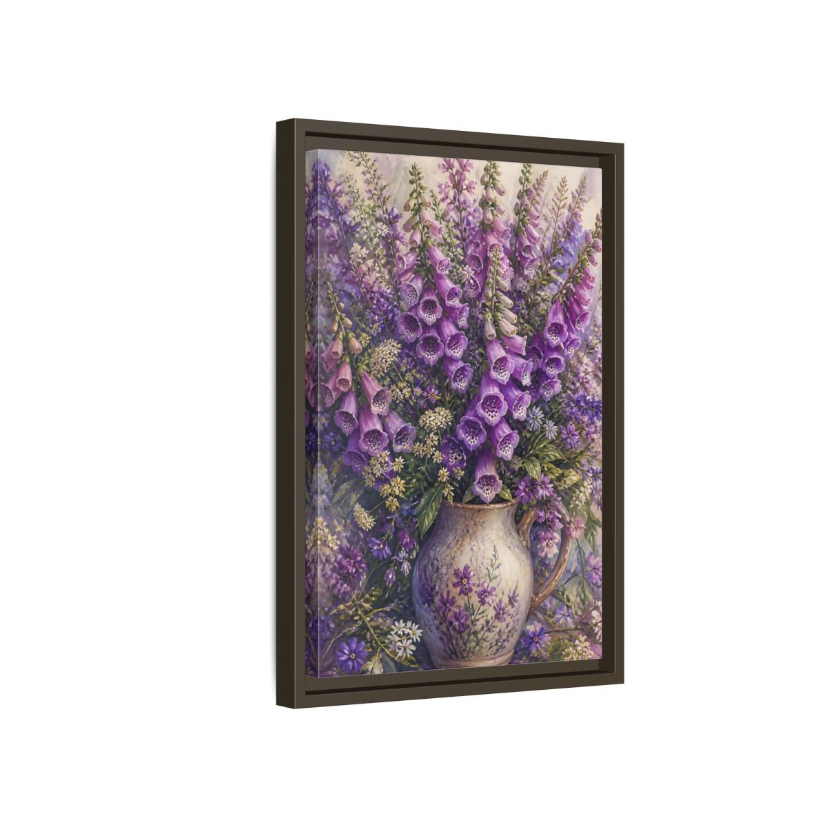 Side Mockup 5. Lavender Foxglove Bouquet shown as framed canvas print