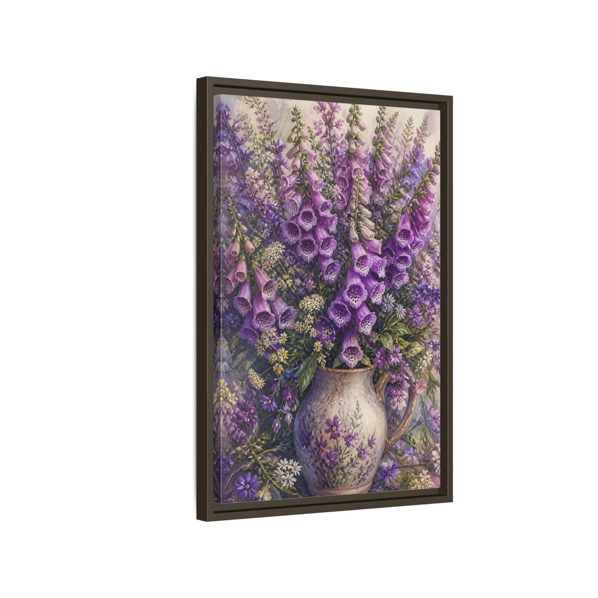 Side Mockup 2. Lavender Foxglove Bouquet shown as framed canvas print