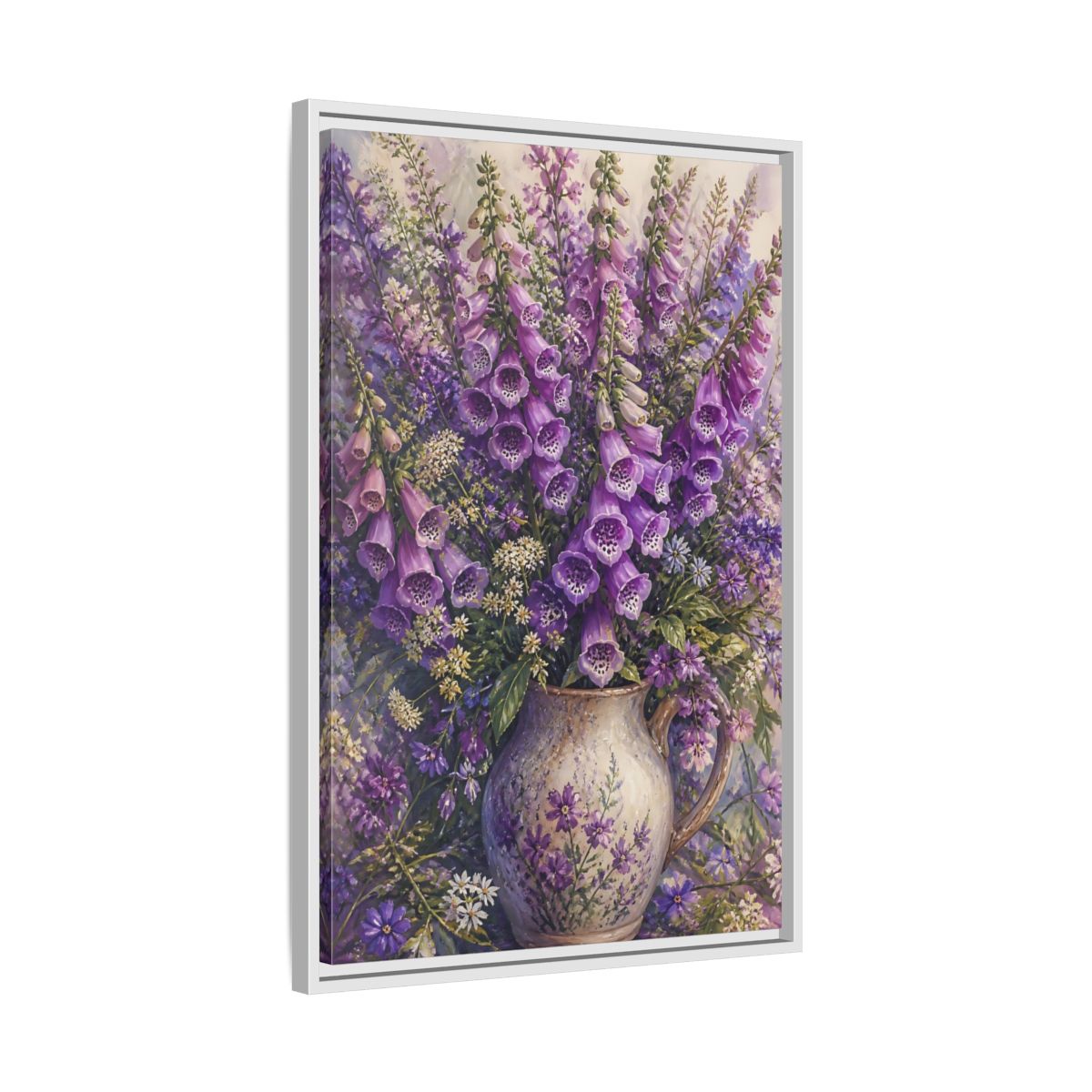 Side Mockup 10. Lavender Foxglove Bouquet shown as framed canvas print