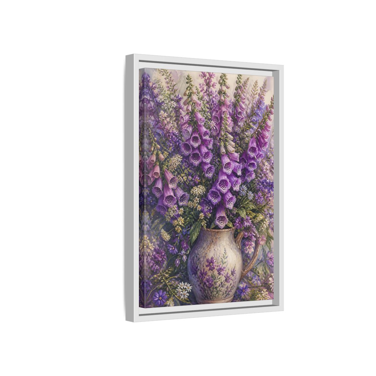 Side Mockup 4. Lavender Foxglove Bouquet shown as framed canvas print