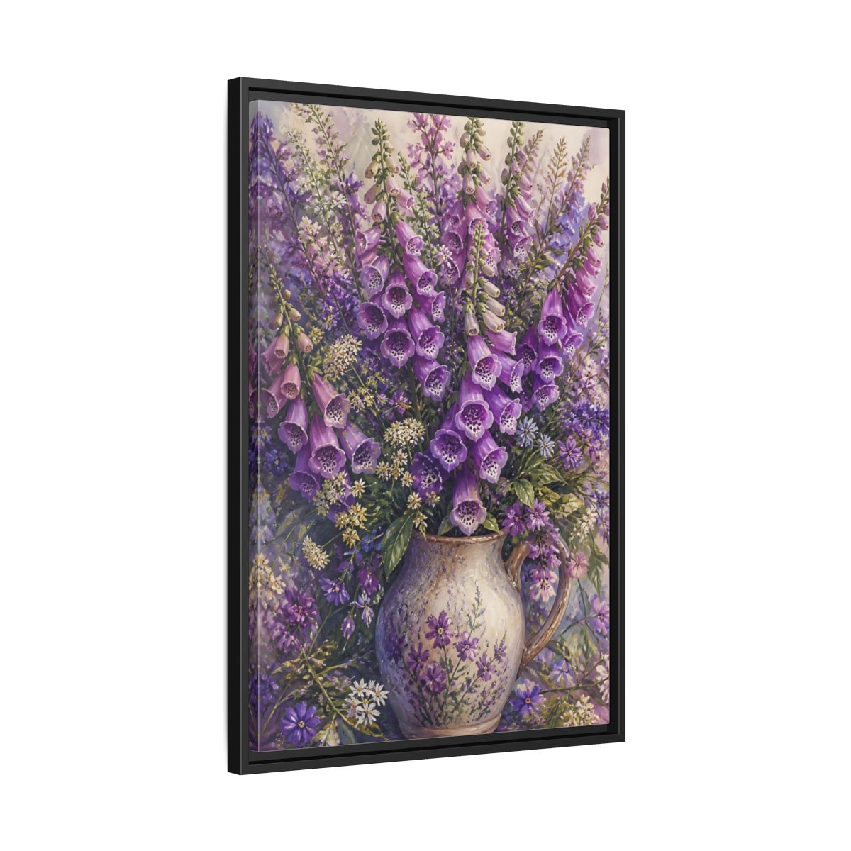 Side Mockup 14. Lavender Foxglove Bouquet shown as framed canvas print