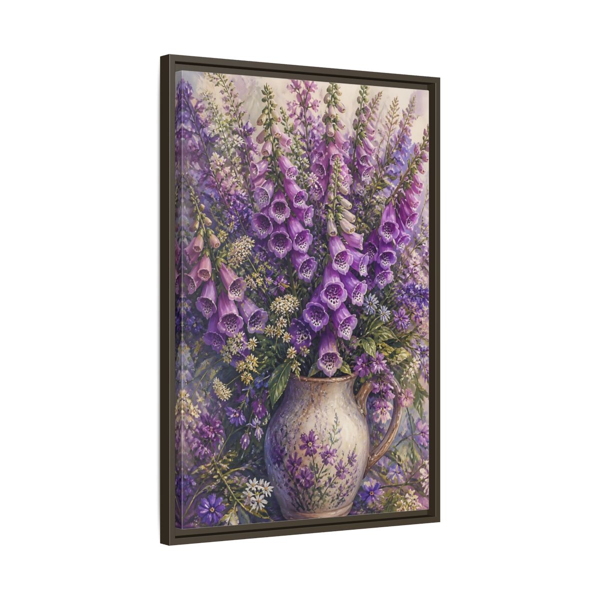 Side Mockup 11. Lavender Foxglove Bouquet shown as framed canvas print