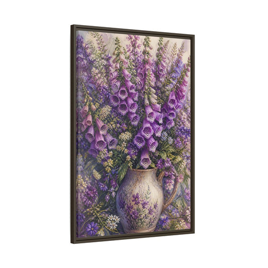 Main Mockup. Lavender Foxglove Bouquet shown as framed canvas print