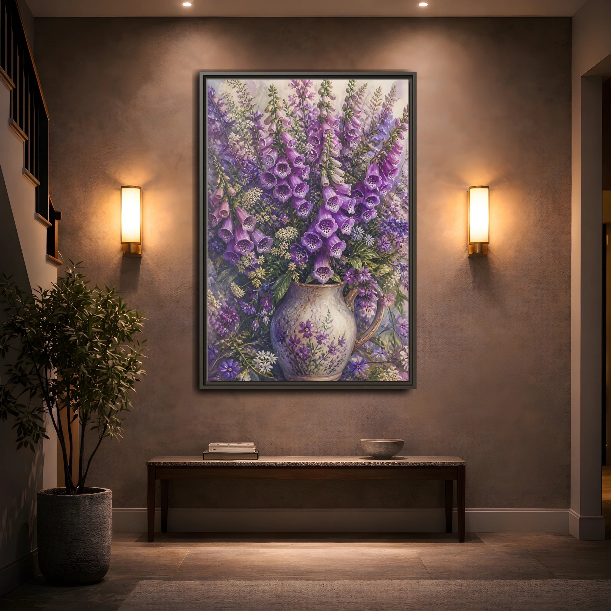 Mockup 2. Lavender Foxglove Bouquet shown as framed canvas print