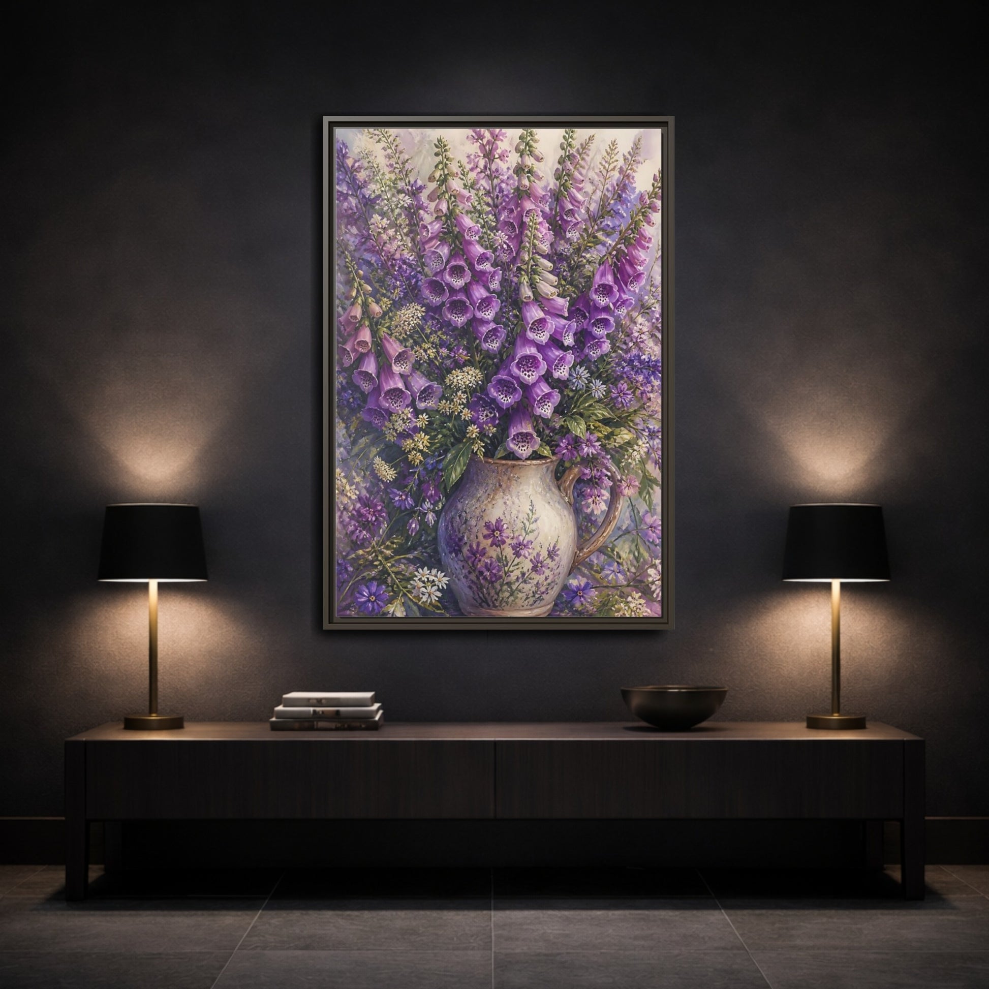 Mockup 3. Lavender Foxglove Bouquet shown as framed canvas print