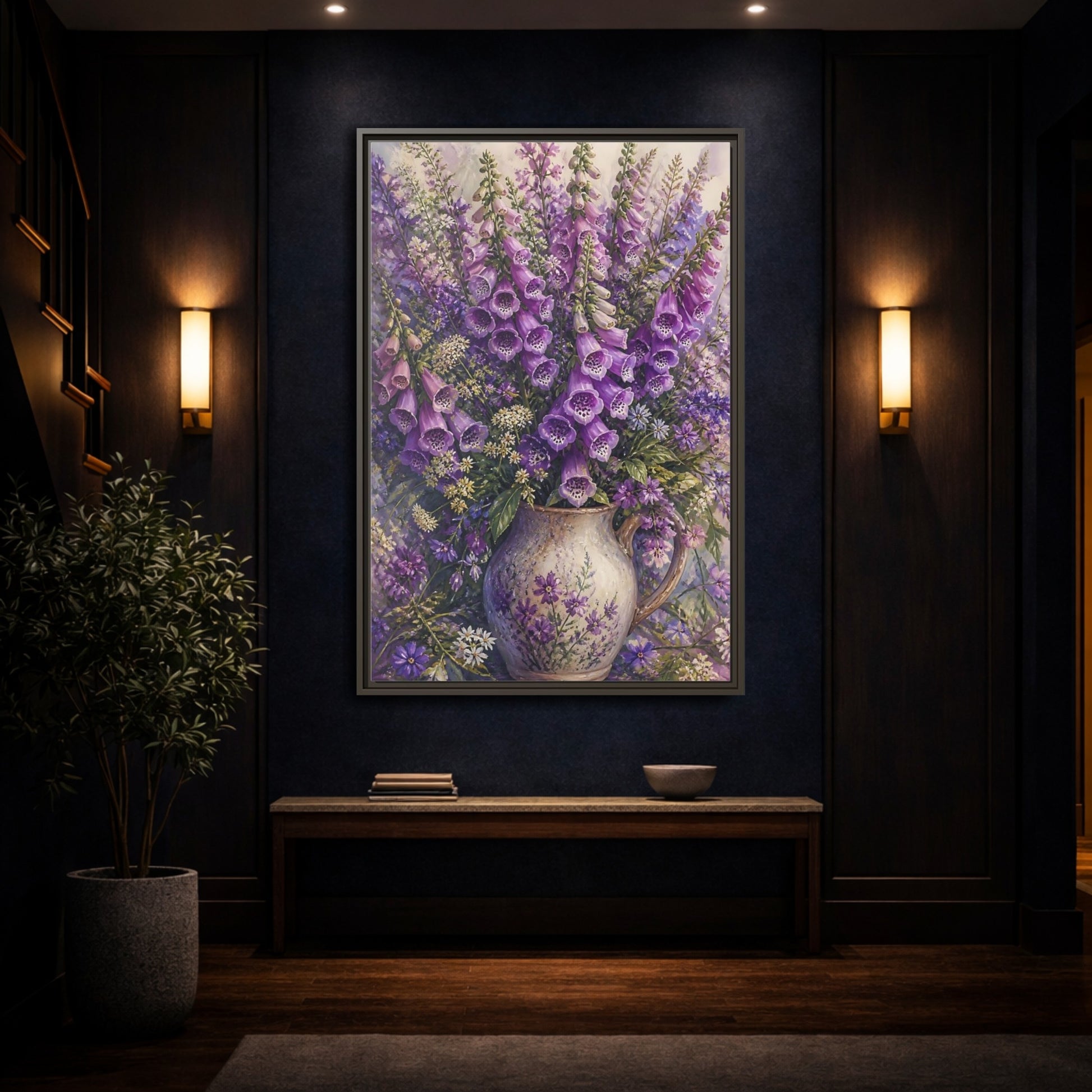 Mockup 4. Lavender Foxglove Bouquet shown as framed canvas print