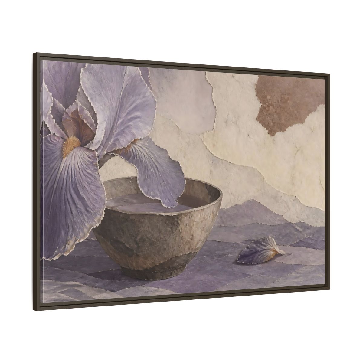 Side Mockup 8. Lavender Iris And Clay Bowl shown as framed canvas print