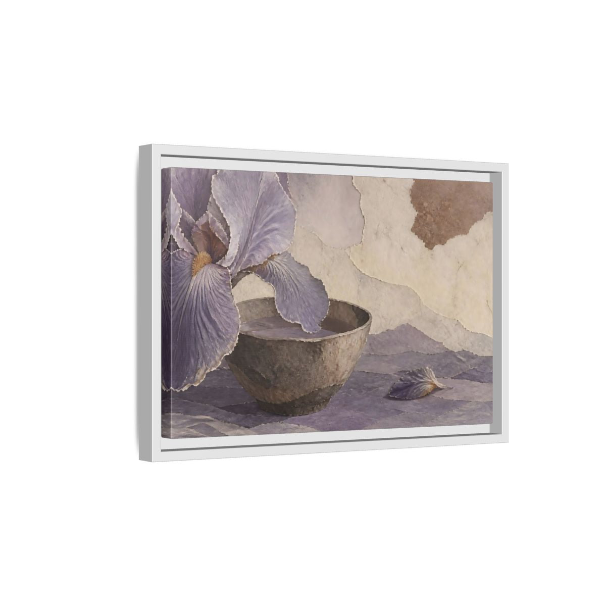 Side Mockup 4. Lavender Iris And Clay Bowl shown as framed canvas print